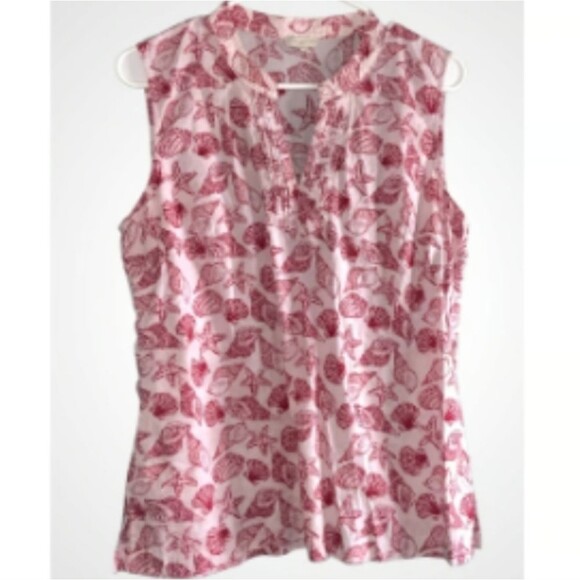 Talbots Shell Print Cotton Notched Collar Sleeveless Summer Top Lp Red White - Picture 1 of 16